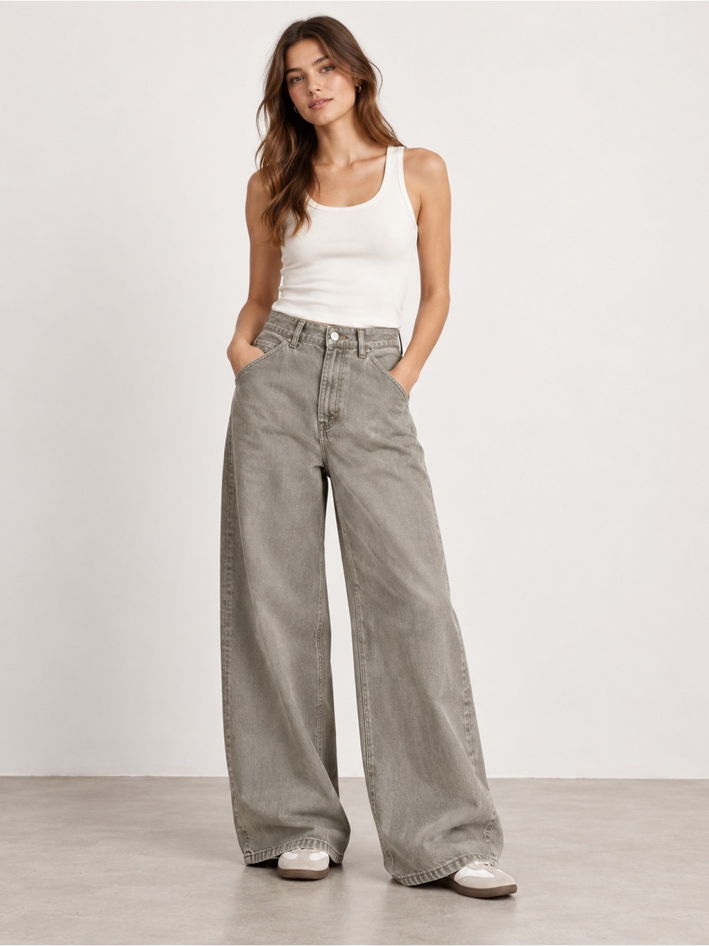 Zara High Rise Wide Leg Jeans Green Gray Khaki Size 8 NWT 100% Cotton